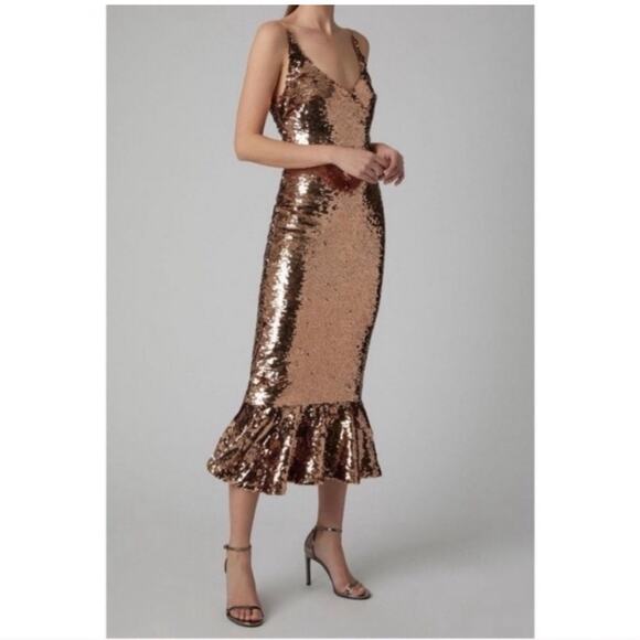 Saloni Sequin Dress Sleeveless Open Back Cocktail Midi Bronze Sz 4 Retails $795 - Picture 11 of 13